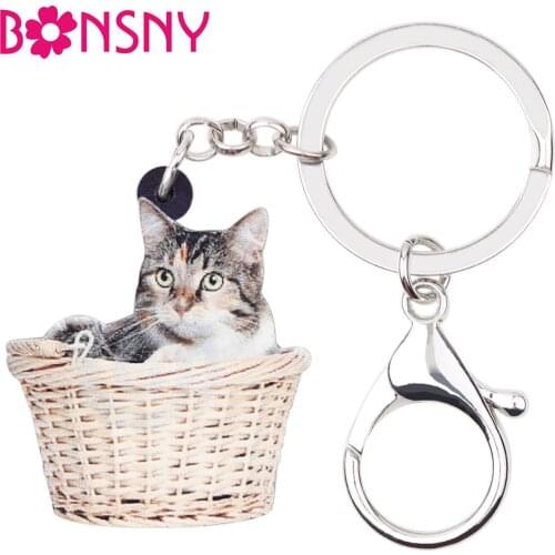 Bonsny Acrylic Sweet Basket Cat Kitten Key Chains Keychains Rings Fashion Animal Jewelry For Women Girl Bag Pendant Charms Gifts