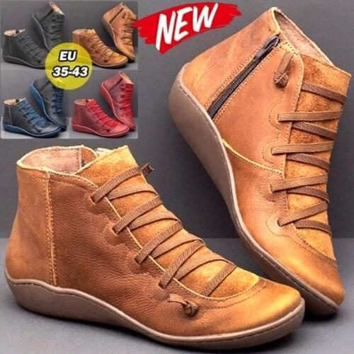 Womens PU Leather Ankle Boots Ladies Autumn Winter Cross Strappy Vintage Women Punk Boots Flat Ladies Shoes Woman Botas Mujer