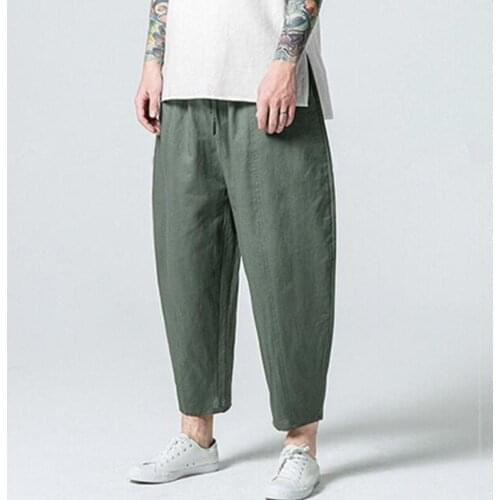 New Man Summer Trousers Cotton Linen Loose Trousers Elastic Vintage Man Casual Harem Pants Solid Ankle-Length Bloomers Plus Size