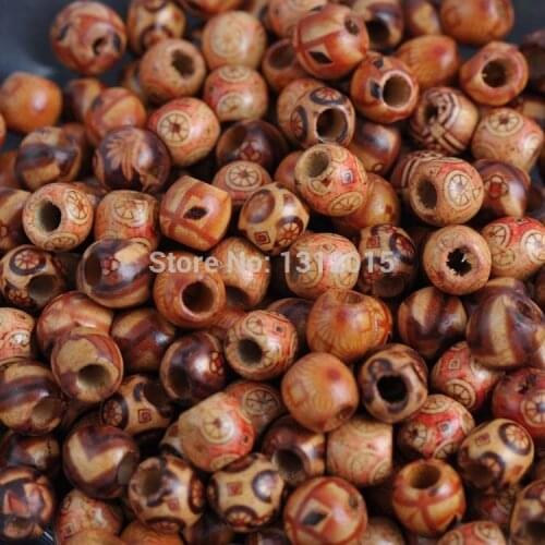 Wholesale 11x12mm 100pcs Mixed Pattern Printed Wooden Round Ball Big Hole Beads Fit Jewelry Handmake Free Shipping KL130