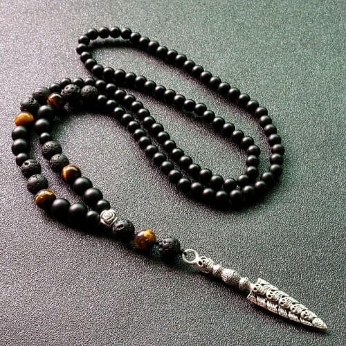 Black BLava Stones Tigers eye Bead with Retro Gothic Skull Pendant Necklace Punk Mens Necklace