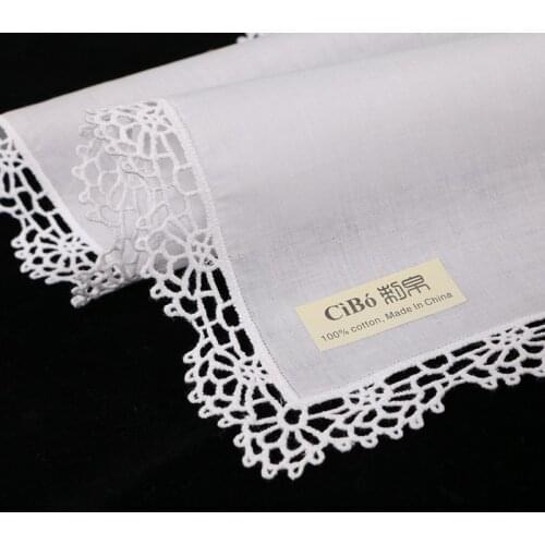 D610-M: 12 piece white premium cotton lace handkerchiefs blank crochet hankies for women/ladies wedding gift