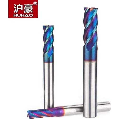 HUHAO 1pc HRC63 Nano-blue Coating Tungsten Steel Spiral Milling Cutter Alloy Router Bits CNC Tool 4 Flutes End Mill For Metal