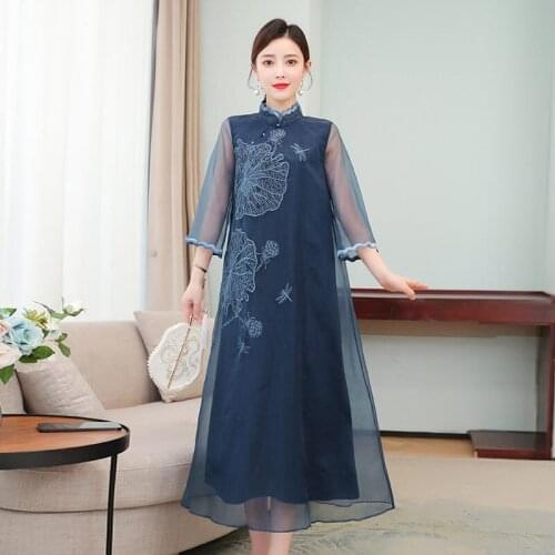 Chinese Womens Retro Ethnic Style Clothes Hanfu Embroidered Cheongsam Improved Version Mesh Patchwork Dress 2021 Robes zh459