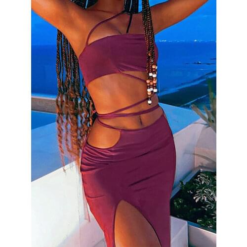 Temperament Vacation Wear Sexy Matching 2 Pcs Sets Summer Off-shoulder Tank Top + Hollow Out Maix Skirt Lace-up Outfits 2 Colors