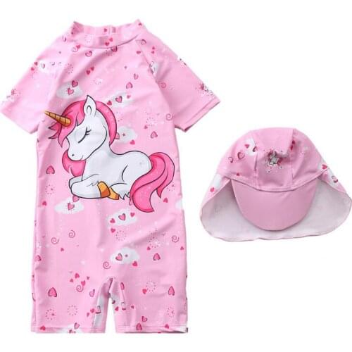 1-5years Childrens Swimwear Girls One-Piece Swimsuits For Children And Girls Pink Lovely Unicorn Baby Girls Swimwear with hat