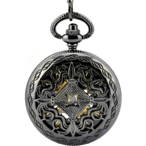 5pcs/lot Mechanical Pocket Watch Hollow Black Dial Hand-Winding Men Pendant Collection Chain Watch Skeleton Steampunk Clock