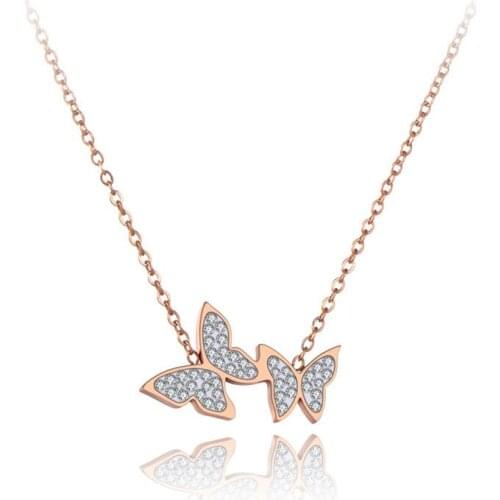 Trendy Stainless Steel Double Crystal Butterfly Choker Necklaces Rhinestone Animal Pendant Necklace For Women N19179