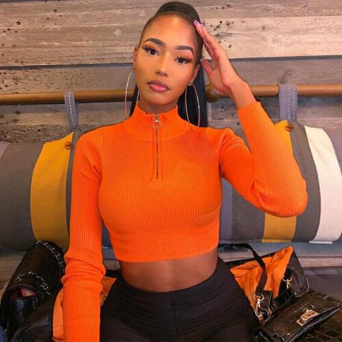 Fashion Womens Zipper Tops Ladies Sexy Cropped Navel Shirts Casual Long Sleeve Blouse Bright Solid Color Slim Top Sweatshirts