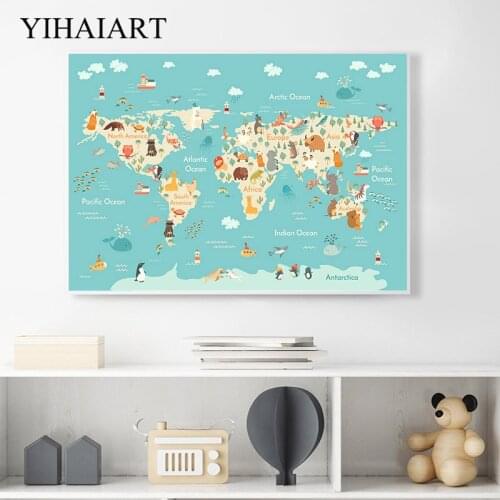 Cartoon Animal Ocean World Map Child Poster Nursery Canvas Print Baby Enlightenment Wall Art Picture Painting Kid Bedroom Decor