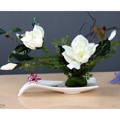 New Chinese Classical Porcelain Vase+Magnolia Fake Flower Figurines Crafts Fake Flower Coffee Hotel Tea Ornament Decoration Art