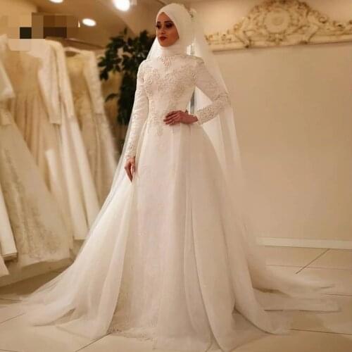 New Vestido De Noiva 2020 Elegant Long Sleeve O Neck Muslim Wedding Dresses Tulle Zipper Back Lace Islamic Wedding Gowns