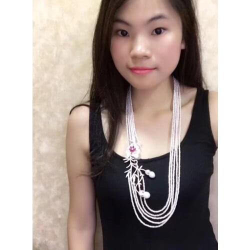 New 5strands 4-5mm white freshwater pearl micro inlay zircon buckle flower accessories necklace long 75-80cm