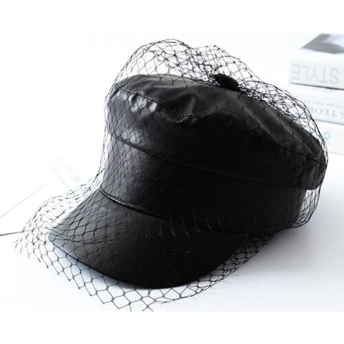 Spring and summer New black PU lace veil newsboy caps Fmale Flat top black Mesh letter multiple styles fashion hats 2019