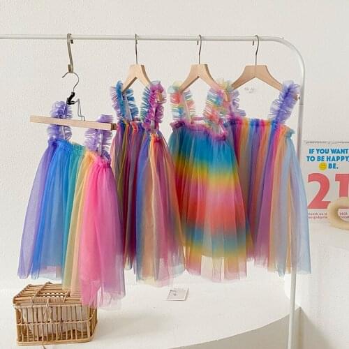 2 3 4 5 6 Y Toddler Girls Sling Dress Summer New Baby Rainbow Striped Dress Net Yarn Vest Princess Dress For Girl Kids Clothes