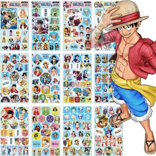 12 Pcs /pack Notebook Stickers for Children Anime ONE PIECE Luffy Staw Hat Crew Sticker Toys Cellphone Suitcase Decor Kids Toy