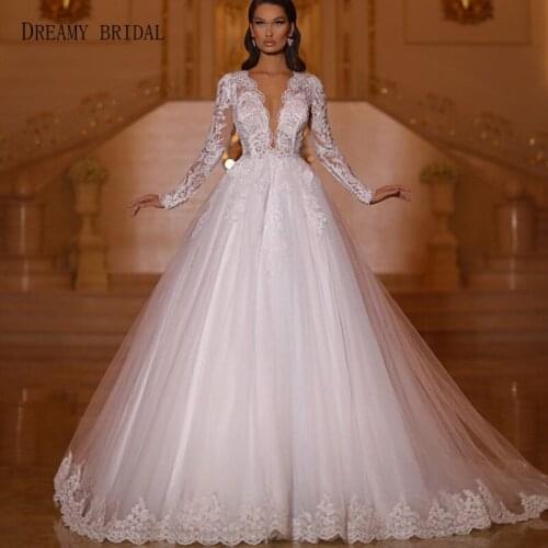 Dreamy Bridal Deep V Neck Wedding Dresses Floral Lace Illusion Long Sleeves Ball Gown Bridal Gowns