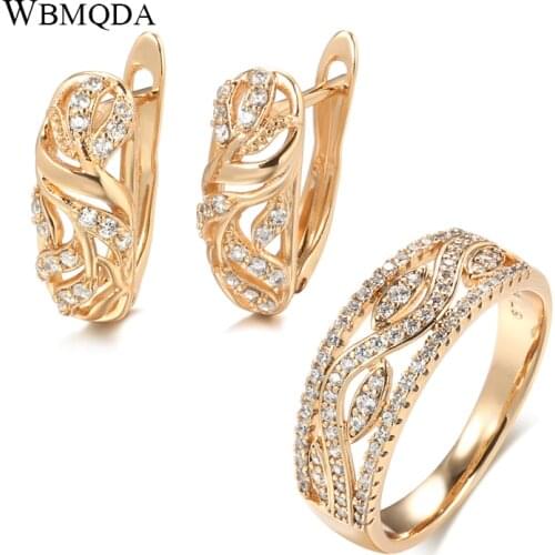 Wbmqda Luxury 585 Rose Gold Earings Ring Fashion Jewelry Sets 2021 Natural Zircon Wedding Ring Hollow Flowers Earrings For Women