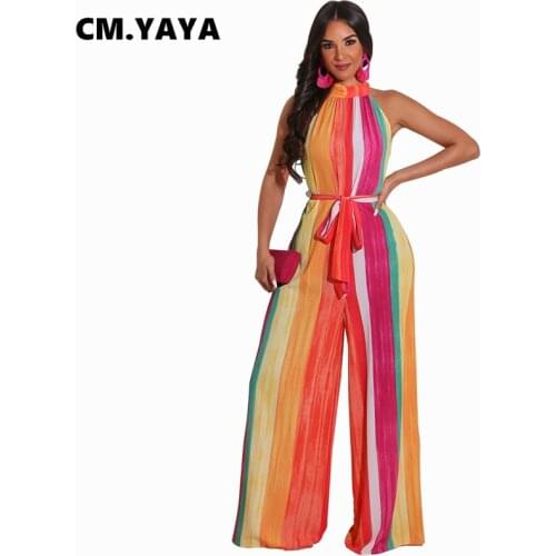 CM.YAYA Women Jumpsuit Striped Sleeveless O-neck Loose Straight Maxi Jumpsuits Bandage Sashes Fashion Vitage Outfit Summer 2021
