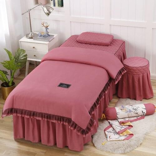 High Quality 4pcs Beauty Salon Bedding Set Bed Linens Sheets Massage Spa Ruffle Bedskirt Stoolcover Pillowcase Quilt Cover Sets