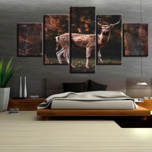 5 Panels Modular Pictures Animal Deer and Bird Canvas Wall Art Painting Forest Landscape Poster Living Room Decor Wallpaper