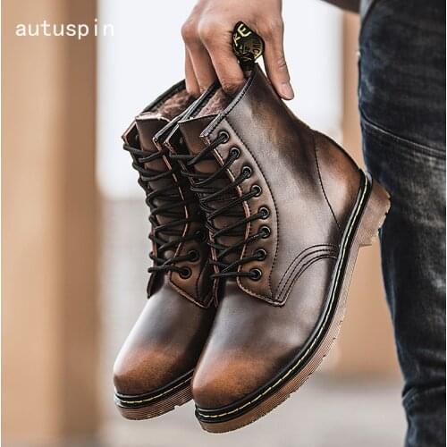 Autuspin Genuine Leather Mens Ankle Boots Classic Motorcycle Boots Winter Fur Plush Warm Male Shoes Unisex Vintage Flat Botas