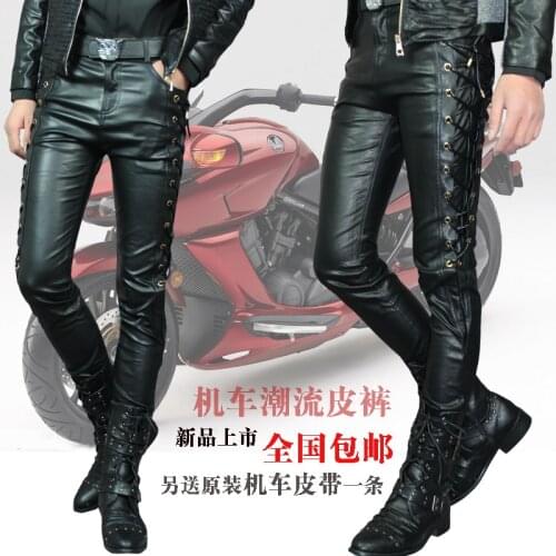 Free Shipping Nightclubs Personality New Pants Men Slim motorcycle Trousers Mens Clothing Mens Leather Pants / 28-37