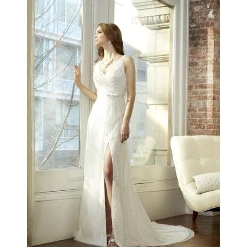 Free shipping 2016 new design cap sleeve custom pearls sequin V-neck cowl thin sash bow open leg sexy wedding gown bridal dress