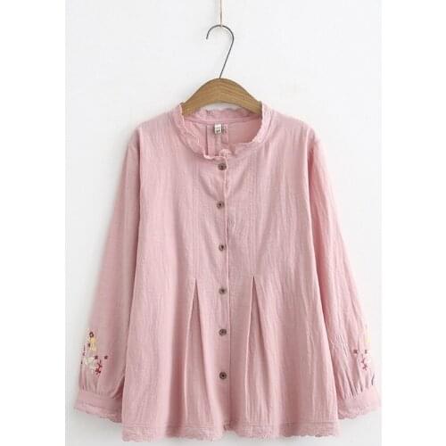 Plus Size Floral Embroidery Lace Long Sleeve Blouse Loose Big Size Pink Navy Blue Casual Blusas Officewear Tops