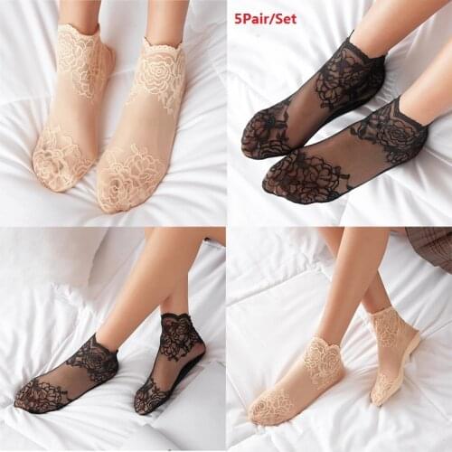 5 Pair Womens Girls Summer Mesh Silk Socks Sets for Sexy Female Ultrathin Transparent Nylon Short Lace Socks With Embroidered