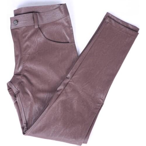 Fad Men PU Leather Lining Fleeces Skinny Punk Pencil Pants Winter Casual Trousers Velvet Fabrics Motorcycle Keep Warm Leggings