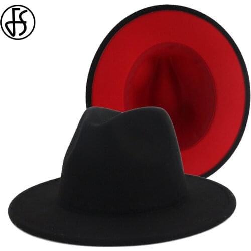 FS 60CM Hat Black Red Patchwork Wool Felt Women Fedora Jazz Hats Men Unisex Wide Brim Panama Hat Party Trilby Winter Cowboy Cap