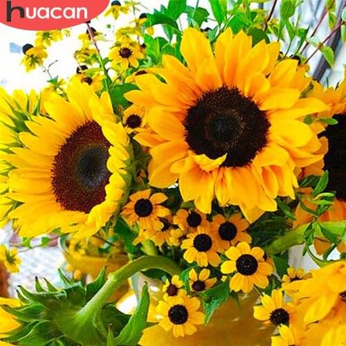 HUACAN Full Square/Round 5d Diamond Painting Sunflower Mosaic Pictures DIY Diamond Embroidery Flower Vase Home Decor