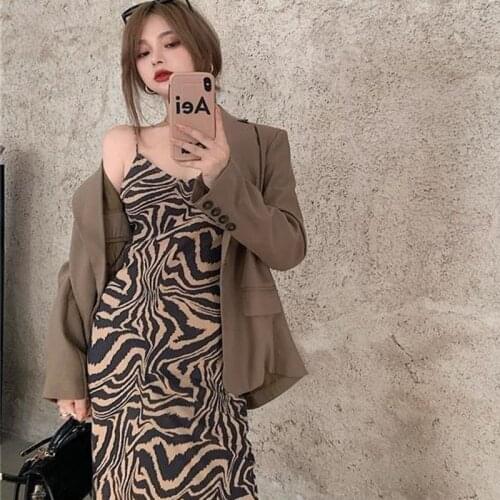 Leopard Print Dress Set] 2021 Spring New Korean Fashion Loose Suit Jacket + Sexy Sling Dress Two-piece Dress Set