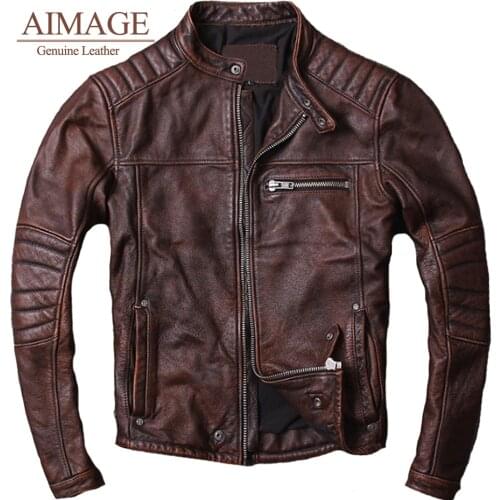 Кожаная куртка мужская Men Genuine Leather jacket jaqueta masculina Vintage Brown Cowhide Coat Men Slim Fashion Biker jacket