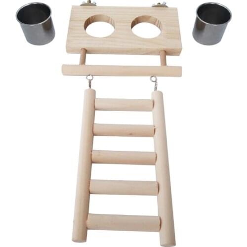 Bird Feeding Dish Cups Stainless Steel Parrot Cage Feeder Bowl with Wooden Platform Ladder Toy for Cockatiels Lovebirds