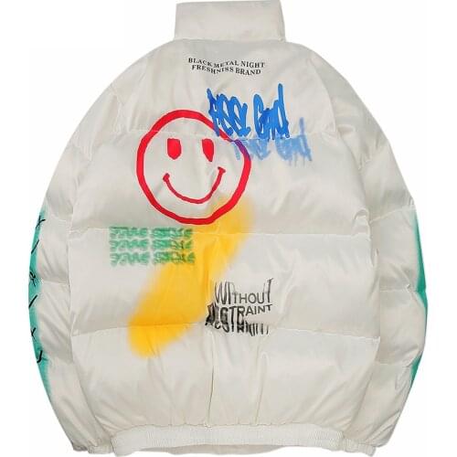 April MOMO Hip Hop Parka Down Jacket Smile Face Graffiti Print Men Windbreaker Streetwear Winter Padded Jacket Coat Warm Outwear
