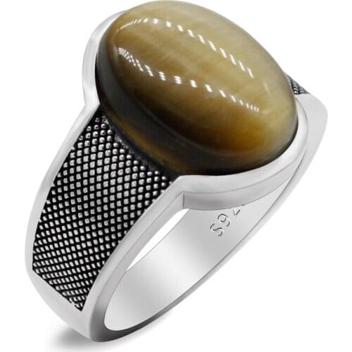 Mens natural tigers eye ring 925 sterling silver mens large oval stone ring domineering Turkish silver high-end jewelry