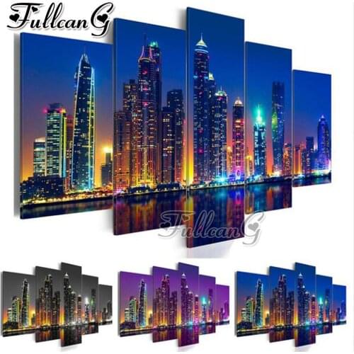 FULLCANG diy 5 pieces diamond painting "city night view" full square/round drill 5d cross stitch embroidery kits gift FC096