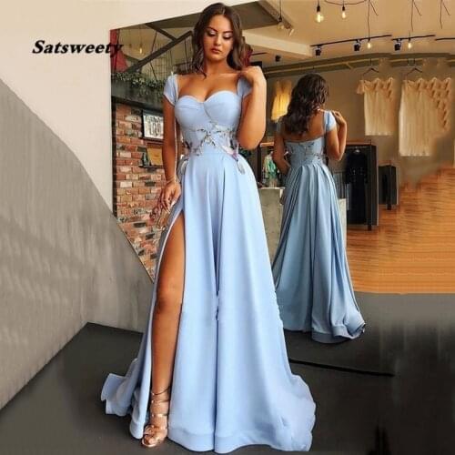 Sky Blue Formal Prom Party Dresses 2021 Sexy Side Split Appliques Evening Gowns Cap Sleeve Sweetheart Prom Dresses