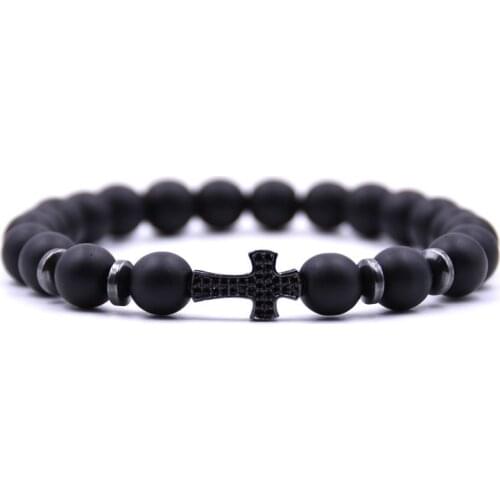 New Micro Pave CZ Cross Bracelet & Bangles For Men Women Jewelry Natural Stone Frosted Beads Elasticity Rope Charm Yoga Bracelet