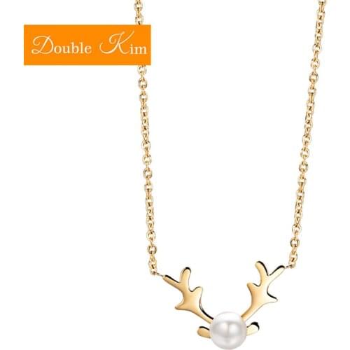 The Deer Pearl Pendant Necklace Titanium Stainless steel Inlaid Natural Pearl Gold Color Chain Necklace Fashion Women Jewelry