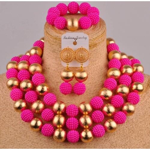 Fuchsia pink simulated pearl costume necklace african wedding set nigerian beads jewelry set FZZ80
