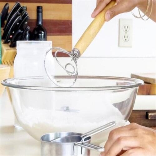 Hot Creative New 1PC Stainless Steel Blender For DIY Bread Dough Bakeware Dough Whisk Eggs Beater Mixer Tool Oak Wood Handle