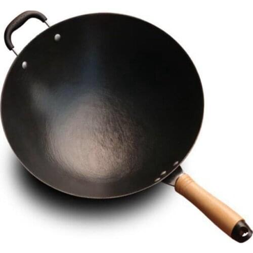 Cooking wok Camping Picnic Cast iron Cooking pan steel wok deep Frypan cookware kitchen pot no-coating balck shiny