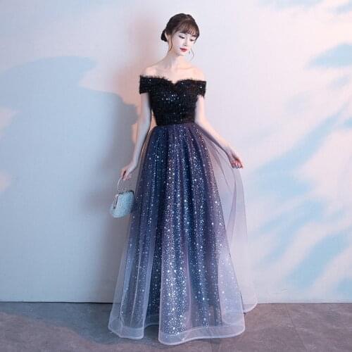 Sexy Shiny Sequins Rhinestone Off Shoulder Dress Elegant Gradient Dresses Blue Women Club Party Mesh Dress Vestidos Bodycon Lady