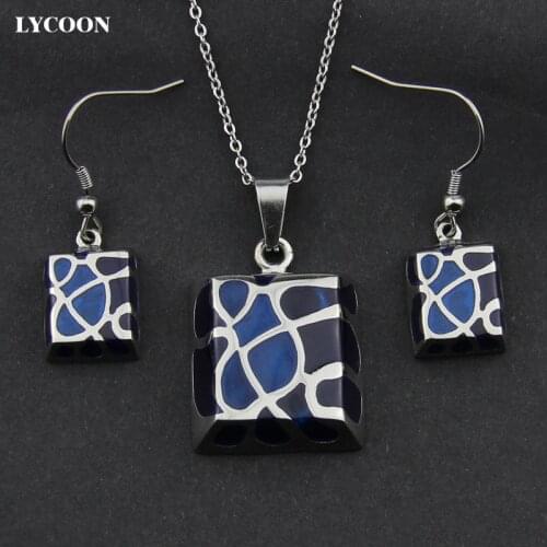 LYCOON New stainless steel shiny polish with blue/white/pink resin pendant necklace enamel earrings jewelry set for women LYS003