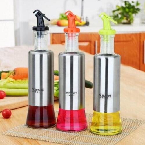 Kithen glass leakproof oil bottle stainless steel soy sauce vinegar bottle set BBQ metal seasoning oil bottle