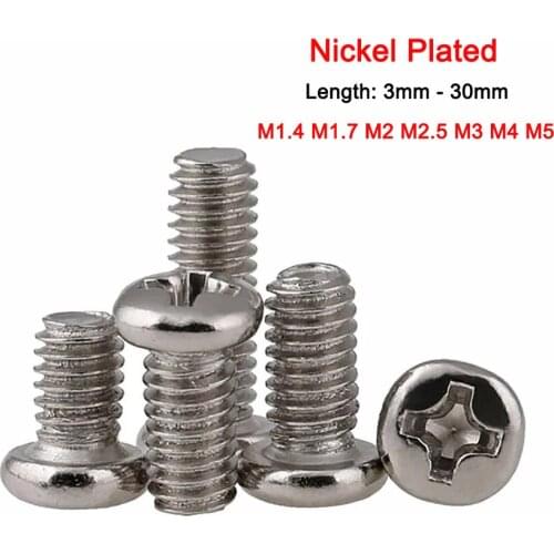 GB818 Carbon Steel Nickel Plated Pan Head Phillips Machine Screws Round Head Cross Bolts M1.4-M5 Length 3-30mm