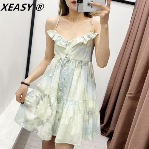 XEASY Woman Summer Dress Za 2021 Strappy Tie Dye Mini Dress Women Ruffle Backless Sexy Dresses Ladies Sleeveless Party Dresses